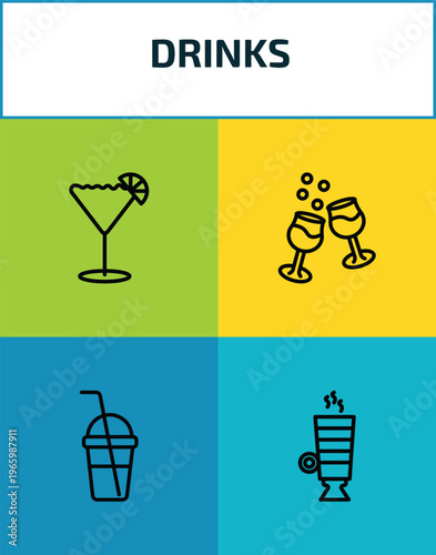 drinks outline icon set. 4 linear vector for ui, web and mobile. thin line sidecar drink, glasses with wine, smoothie, latte icons.