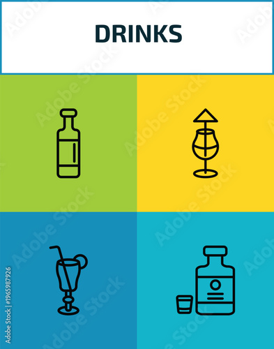 drinks outline icon set. 4 linear vector for ui, web and mobile. thin line wine bottles, mai thai, tequila sunrise, herbal liquor icons.