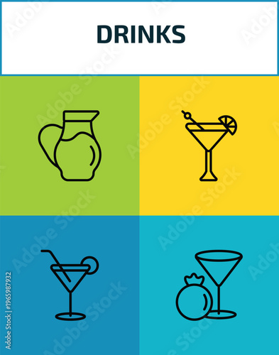 drinks outline icon set. 4 linear vector for ui, web and mobile. thin line water jug, martinez, cocktail, pomegranate martini icons.