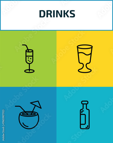 drinks outline icon set. 4 linear vector for ui, web and mobile. thin line ramos gin fizz, mind eraser drink, malibu, wine icons.