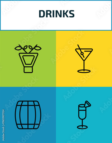 drinks outline icon set. 4 linear vector for ui, web and mobile. thin line irish sour, manhattan drink, cask, pisco sour icons.