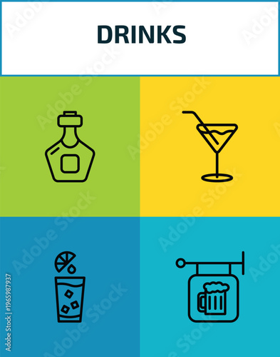 drinks outline icon set. 4 linear vector for ui, web and mobile. thin line liquor, martini, fruit juice, pub icons.