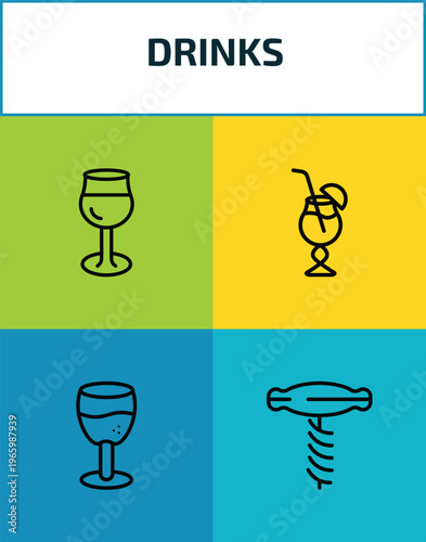 drinks outline icon set. 4 linear vector for ui, web and mobile. thin line glass of wine, blue lagoon, brandy glass, sorkscrew icons.
