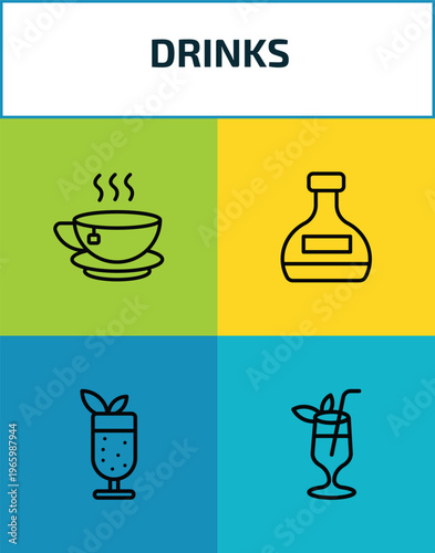 drinks outline icon set. 4 linear vector for ui, web and mobile. thin line tea, mashing, mint julep, tropical itch icons.