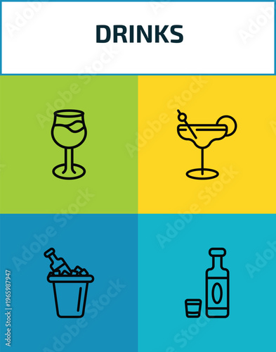 drinks outline icon set. 4 linear vector for ui, web and mobile. thin line glass with wine, margarita, ice bucket and bottle, alcohol icons.