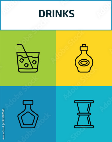 drinks outline icon set. 4 linear vector for ui, web and mobile. thin line caipirinha, armagnac, brandy, jigger icons.