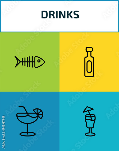 drinks outline icon set. 4 linear vector for ui, web and mobile. thin line fish skeleton, vodka, daiquiri, mai tai icons.