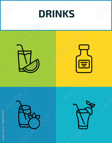 drinks outline icon set. 4 linear vector for ui, web and mobile. thin line watermelon juice, absinthe, tomato juice, bloody mary icons.