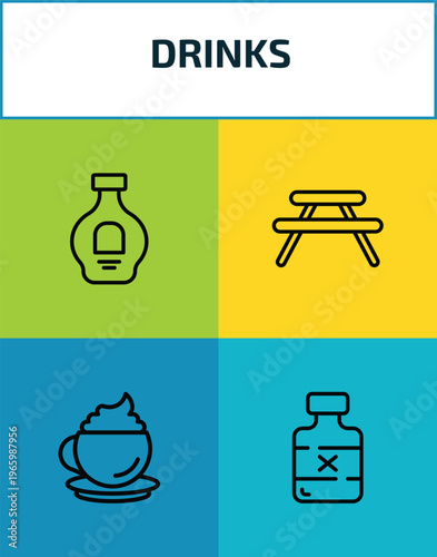 drinks outline icon set. 4 linear vector for ui, web and mobile. thin line cognac, picnic table, cappuccino, rum icons.