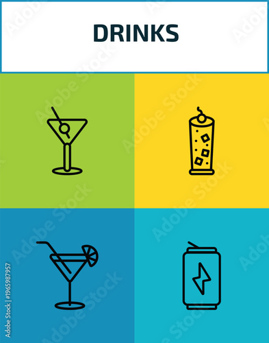 drinks outline icon set. 4 linear vector for ui, web and mobile. thin line manhattan, tom collins, cosmopolitan, energy drink icons.