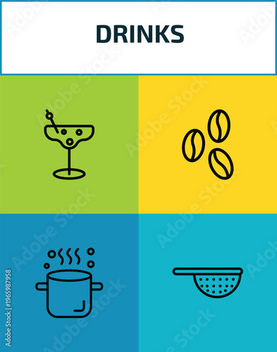 drinks outline icon set. 4 linear vector for ui, web and mobile. thin line last word drink, coffee bean, boiling, sieve icons.