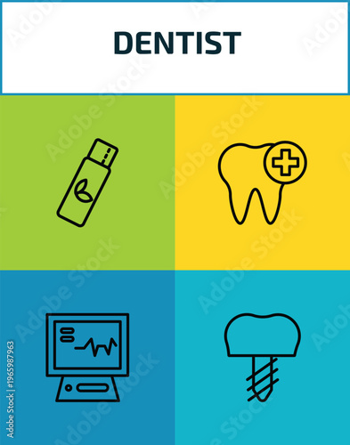 dentist outline icon set. 4 linear vector for ui, web and mobile. thin line chewing gum, healthy tooth, ekg monitor, implant icons.