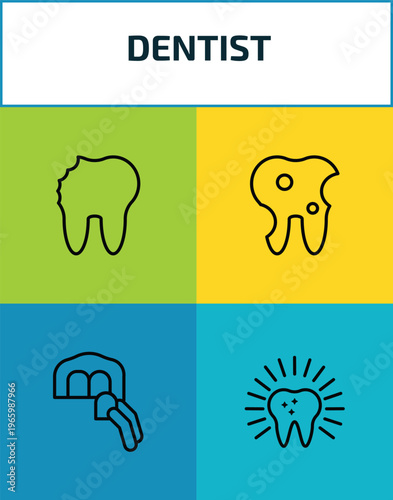dentist outline icon set. 4 linear vector for ui, web and mobile. thin line cavity, bicuspid, dental veneer, dental icons.