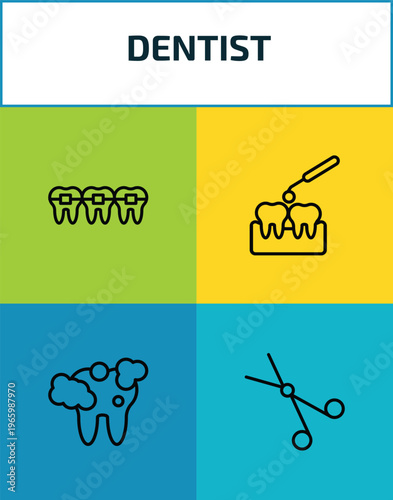 dentist outline icon set. 4 linear vector for ui, web and mobile. thin line brackets, interproximal, tooth cleaning, dentist scissors icons.