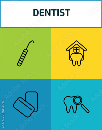 dentist outline icon set. 4 linear vector for ui, web and mobile. thin line dental probe, dental house, mint gum, check up icons.