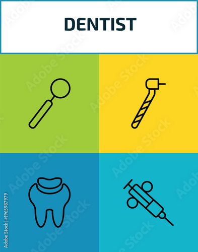 dentist outline icon set. 4 linear vector for ui, web and mobile. thin line dentist mirror, dentists drill tool, dental filling, dental needle icons.