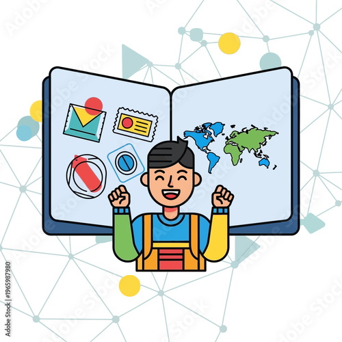 A cartoon boy excitedly holding an open book with icons and a world map.