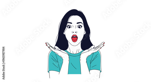 Shocked young woman in a teal t-shirt holding her hands up with an open mouth and wide eyes in complete surprise.