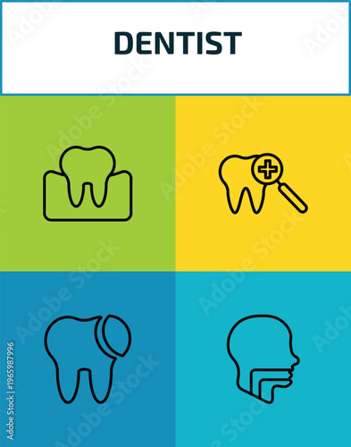dentist outline icon set. 4 linear vector for ui, web and mobile. thin line occlusal, dental checkup, tooth filling, oral icons.