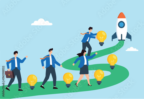 Flat illustration of business leader placing lightbulbs on innovation trail with team walking toward startup rocket.
