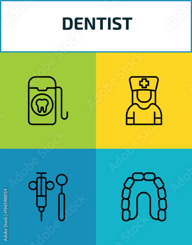 dentist outline icon set. 4 linear vector for ui, web and mobile. thin line dental floss, male nurse, dental hook, maxilla icons.