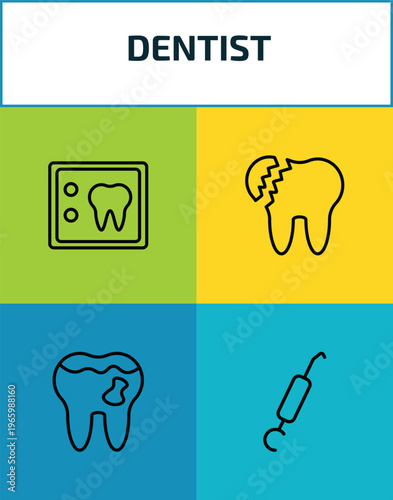 dentist outline icon set. 4 linear vector for ui, web and mobile. thin line dental x ray, broken tooth, cavities, periodontal scaler icons.