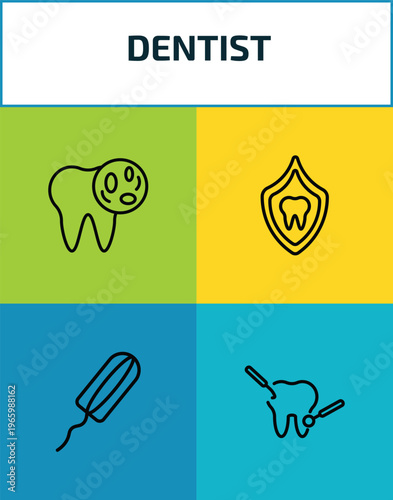 dentist outline icon set. 4 linear vector for ui, web and mobile. thin line bacteria in mouth, dental protection, tampon, dental care icons.
