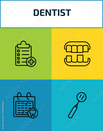 dentist outline icon set. 4 linear vector for ui, web and mobile. thin line medical list, overdenture, dental appointment, mouth mirror icons.