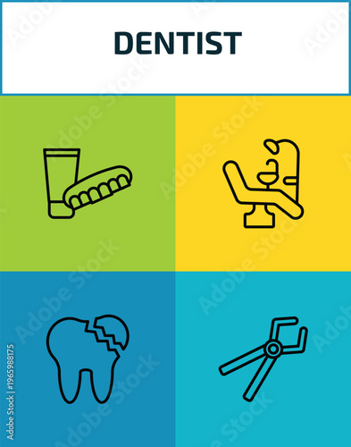 dentist outline icon set. 4 linear vector for ui, web and mobile. thin line dentures, dental chair, broken tooth, tooth pliers icons.