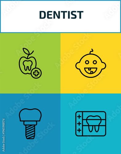 dentist outline icon set. 4 linear vector for ui, web and mobile. thin line dentist, baby dental, implant, radiograph icons.