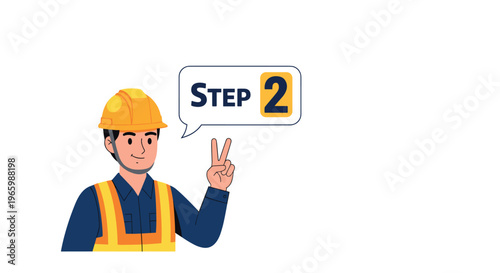 Worker in a yellow hard hat making a peace sign with a step two speech bubble above his head for guidance.