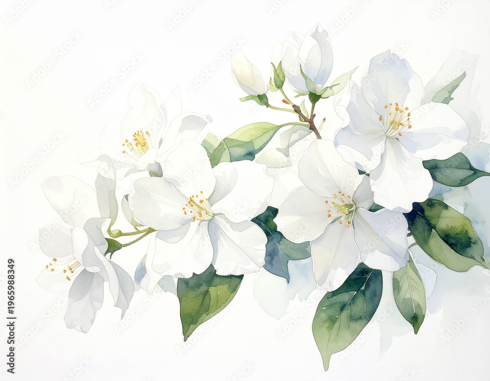 Obraz premium Delicate watercolor portrayal of pure white jasmine blossoms adorning a branch, evoking serene spring beauty and botanical grace