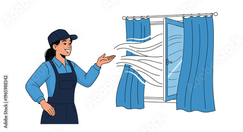 Female worker in blue overalls gesturing towards open window with fresh air blowing curtains into room for ventilation.