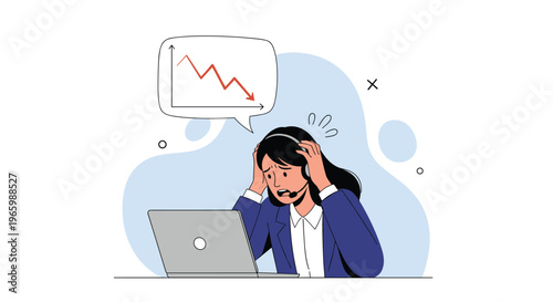 Businesswoman wearing headset at laptop looking distressed with hands on head as she sees falling line graph on screen.