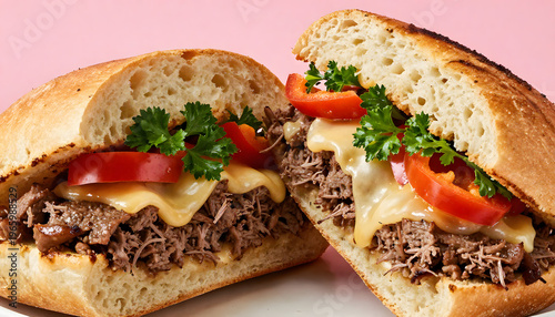 Close-up of a hearty beef sandwich with melted cheese, fresh parsley, and red bell pepper slices in a rustic bread roll. Juicy shredded meat and rich textures create an appetizing and comforting food 