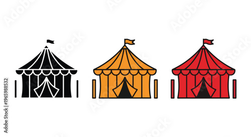Collection of three colorful circus tents with flags on top, representing entertainment and fun events