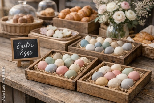 Rustic market display of pastel easter eggs in wooden crates with baked goods and flowers for seasonal market banner