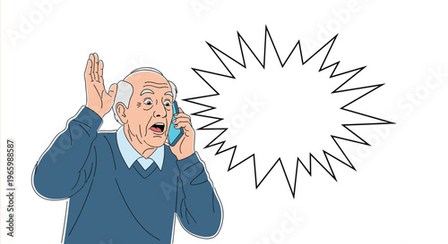 Elderly man looking shocked and surprised while talking on smartphone with large blank jagged speech bubble for text.