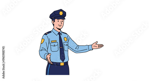 Friendly male police officer in light blue uniform and cap standing with open arms in welcoming or directing gesture.