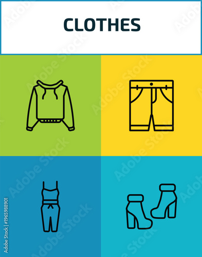 clothes outline icon set. 4 linear vector for ui, web and mobile. thin line pullover, chino shorts, jumpsuit, ankle boots icons.