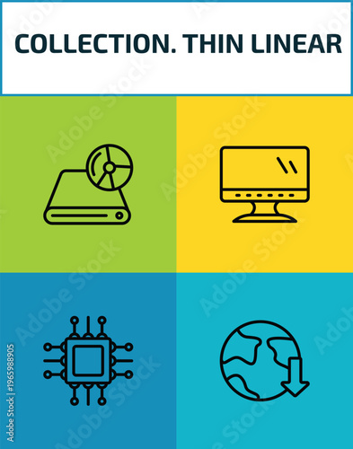 collection. thin linear outline icon set. 4 linear vector for ui, web and mobile. thin line dvd drive, computer and monitor, computer micro chip, download from the net icons.