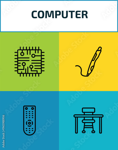 computer outline icon set. 4 linear vector for ui, web and mobile. thin line chips, 3d printing pen, tv remote, school desk icons.