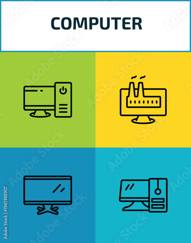 computer outline icon set. 4 linear vector for ui, web and mobile. thin line work station, industrial, tv screen, workstation icons.