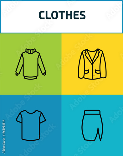clothes outline icon set. 4 linear vector for ui, web and mobile. thin line turtleneck, oxford wave blazer, t-shirt, slit skirt icons.