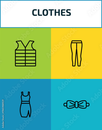 clothes outline icon set. 4 linear vector for ui, web and mobile. thin line padded vest, leggins, drees, bow tie icons.
