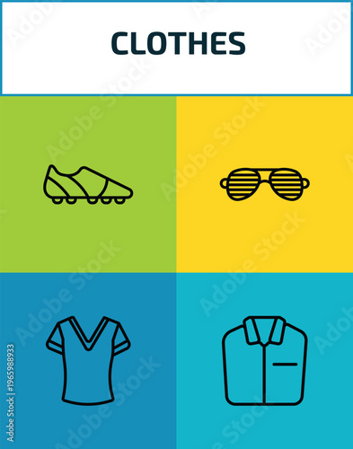 clothes outline icon set. 4 linear vector for ui, web and mobile. thin line soccer shoe, shutter sunglasses, v neck shirt, formal shirt icons.