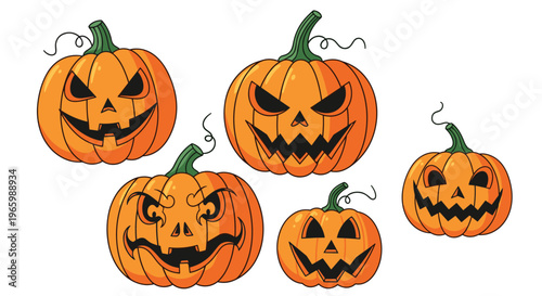 Collection of five carved Halloween jack-o-lantern pumpkins with various scary and spooky faces and green stems.