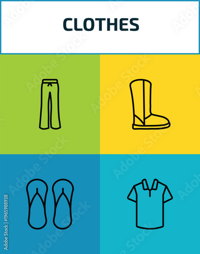 clothes outline icon set. 4 linear vector for ui, web and mobile. thin line flare pants, wool boots, sleepers, cotton polo shirt icons.
