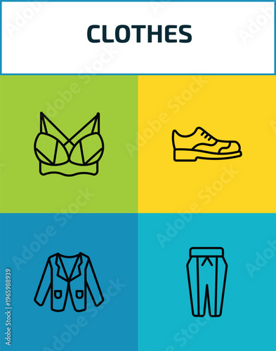 clothes outline icon set. 4 linear vector for ui, web and mobile. thin line brassiere, leather derby shoe, blazer, pegged pants icons.