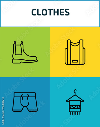 clothes outline icon set. 4 linear vector for ui, web and mobile. thin line leather chelsea boots, basketball jersey, boxers, scarf on hanger icons.